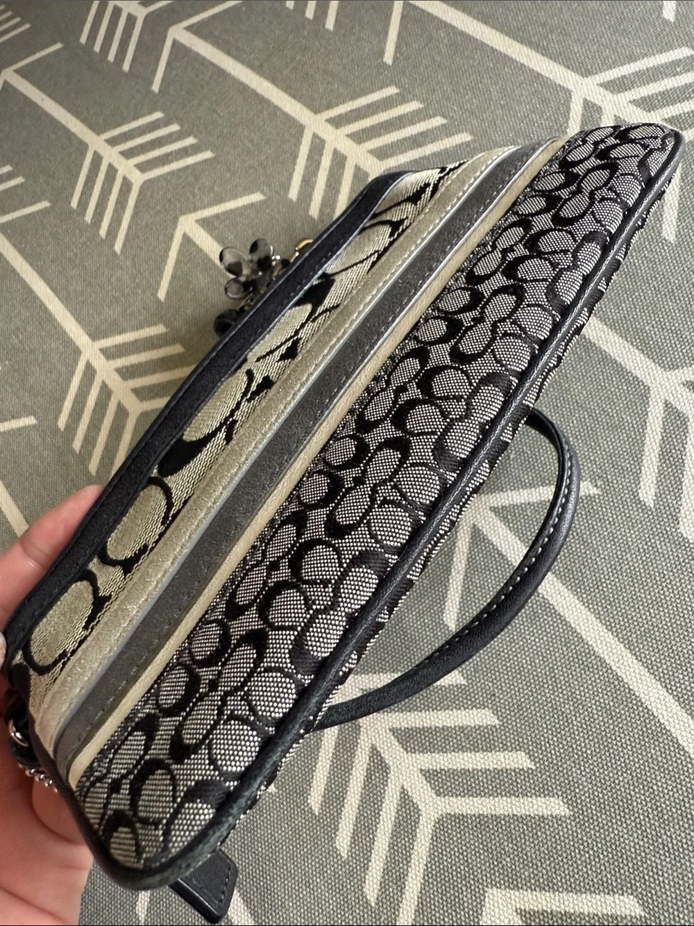Coach Signature Wristlet in Black, Gray and Cream Stripes